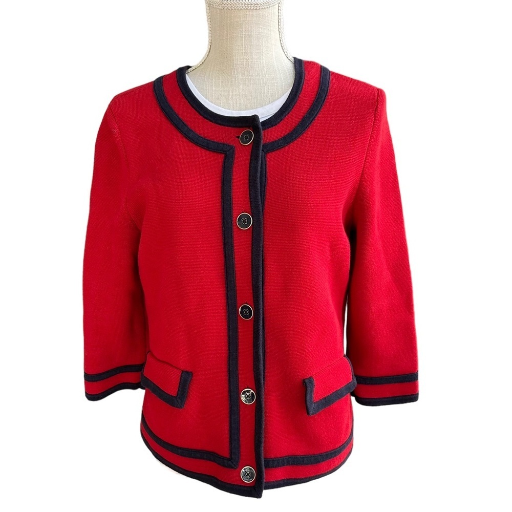 Talbots Womens Red & Blue Knitted Button‎ Front Classic Jackets Size: M